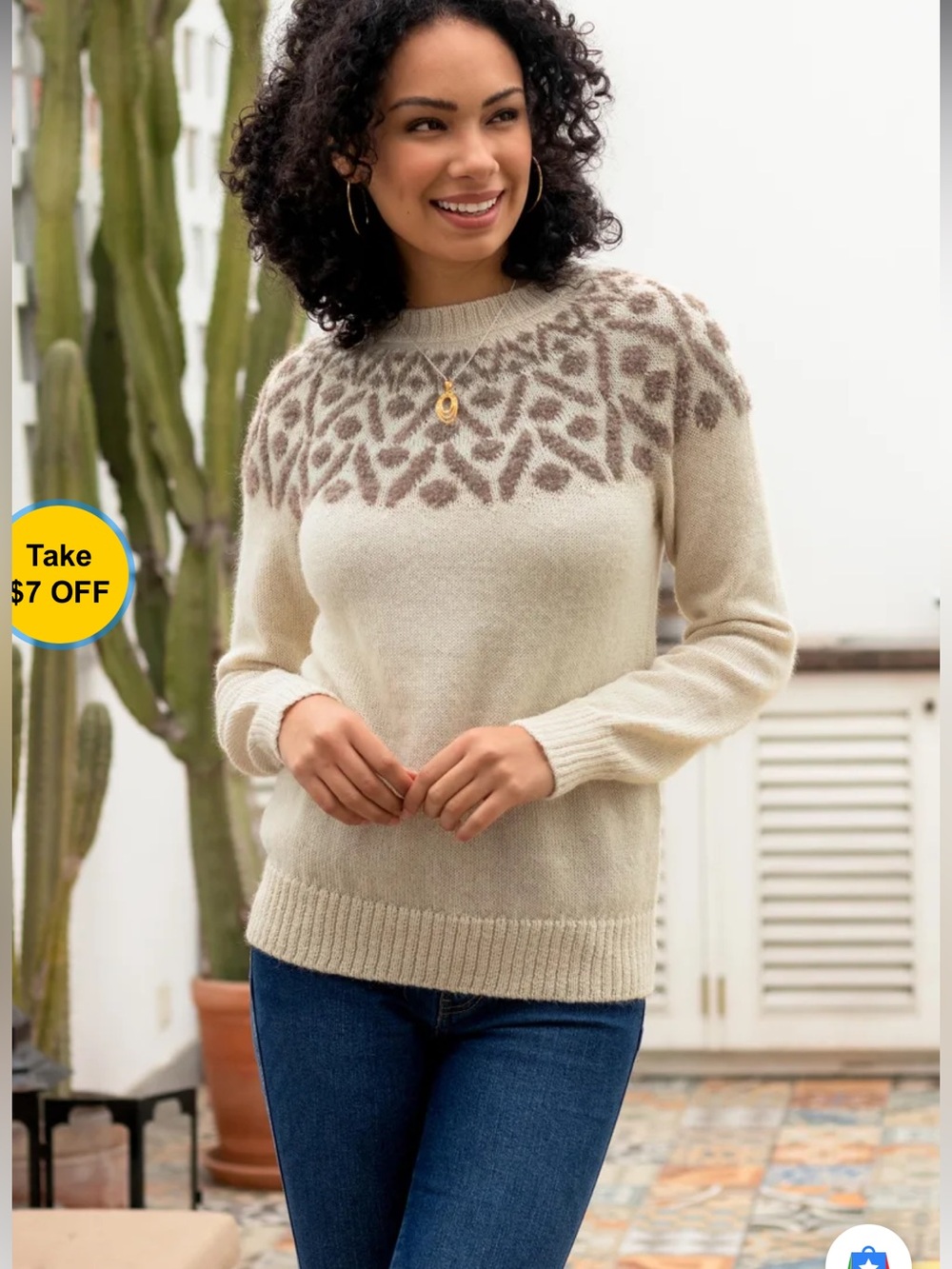NEW NOVICA WOMENS ALPACA  Cream and Taupe  Crew neck sweater